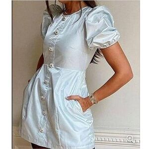 DANIELLE BERNSTEIN Size 6 Delicate Blue Rhinestone Puff Sleeve Satin Mini Dress